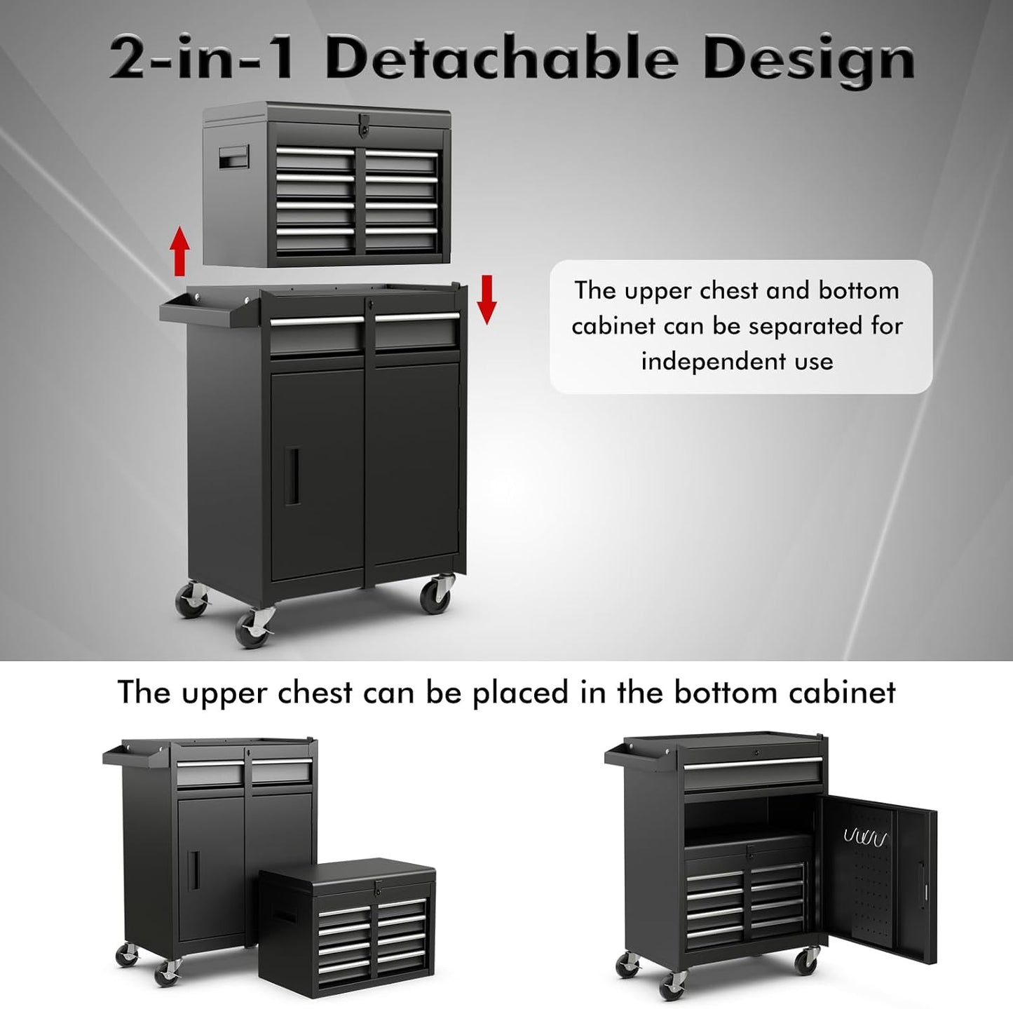 5-Drawer Rolling Tool Chest, Tool Storage Box, Removable Tool Cabinet, Sliding Metal Organizer W/Lockable Drawers (Classic Black)