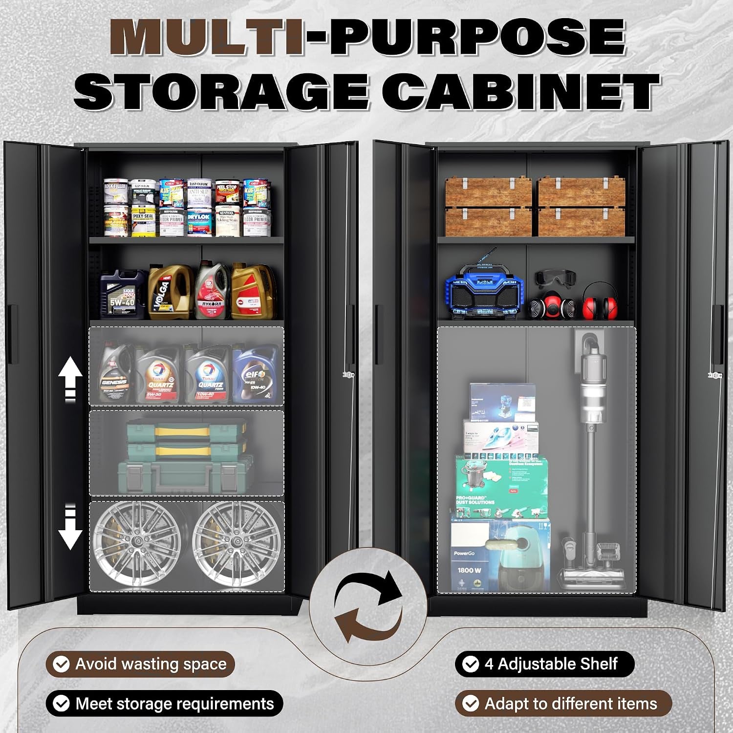 72” Metal Storage Cabinet, Garage Cabinets and Storage System with Doors and Shelves, Tall Lockable Tool Cabinet for Garage, Office, Home (Black)