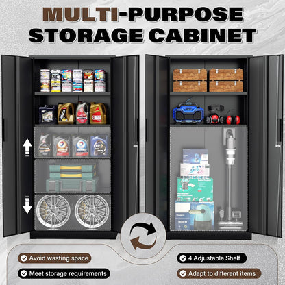 72” Metal Storage Cabinet, Garage Cabinets and Storage System with Doors and Shelves, Tall Lockable Tool Cabinet for Garage, Office, Home (Black)
