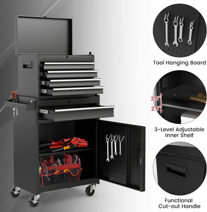 5-Drawer Rolling Tool Chest, Tool Storage Box, Removable Tool Cabinet, Sliding Metal Organizer W/Lockable Drawers (Classic Black)