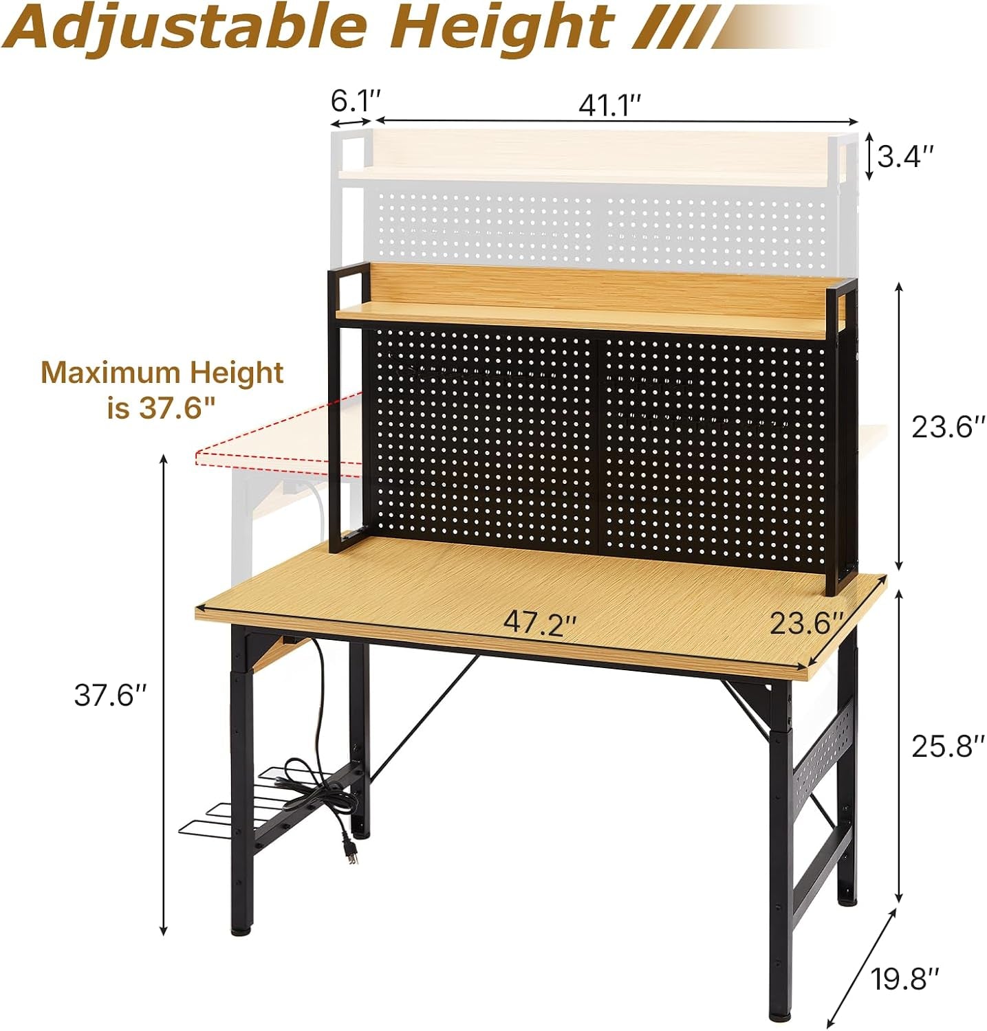 48" Adjustable Height Workbench with Pegboard, Work Benches for Garage, Heavy Duty Wood Top Work Bench with Wheels, 2000 LBS Load Capacity, Rolling Work Table with Outlet Storage Shelf Hooks