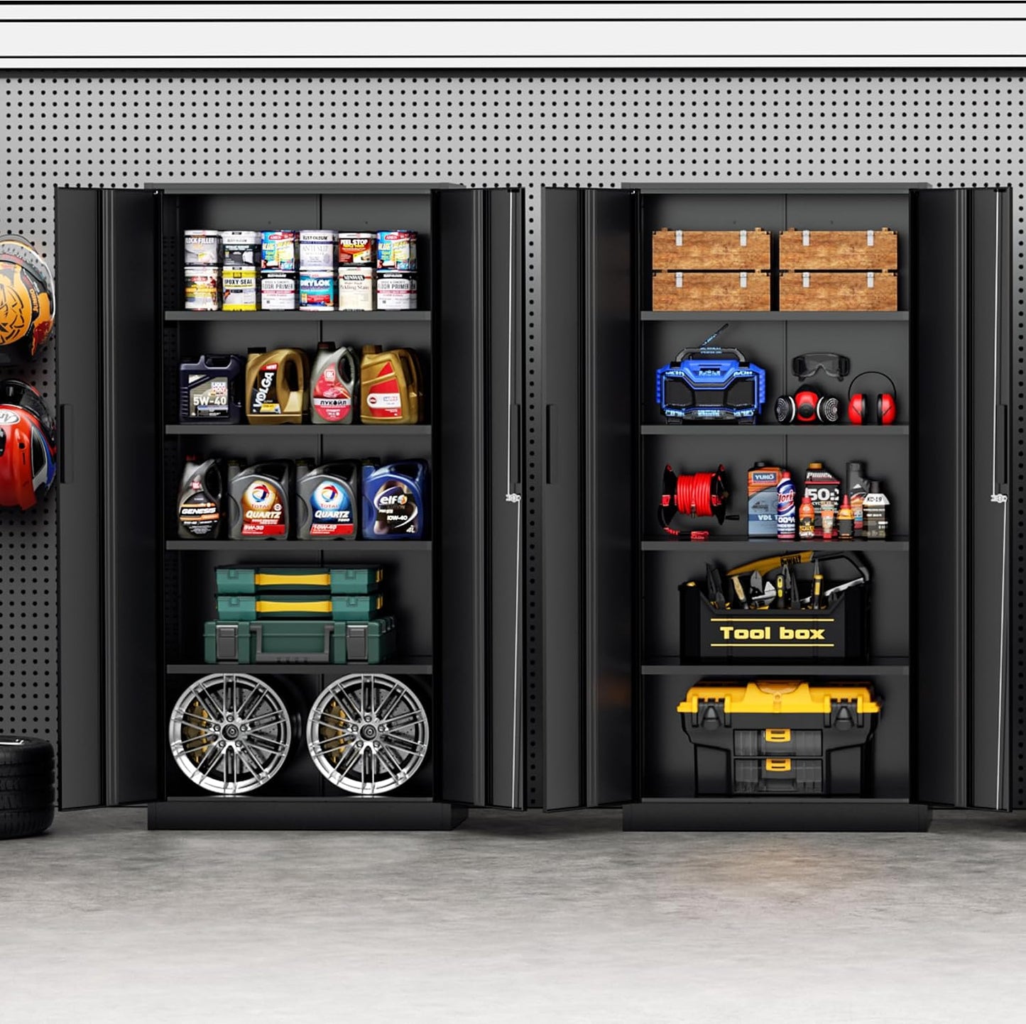 72” Metal Storage Cabinet, Garage Cabinets and Storage System with Doors and Shelves, Tall Lockable Tool Cabinet for Garage, Office, Home (Black)