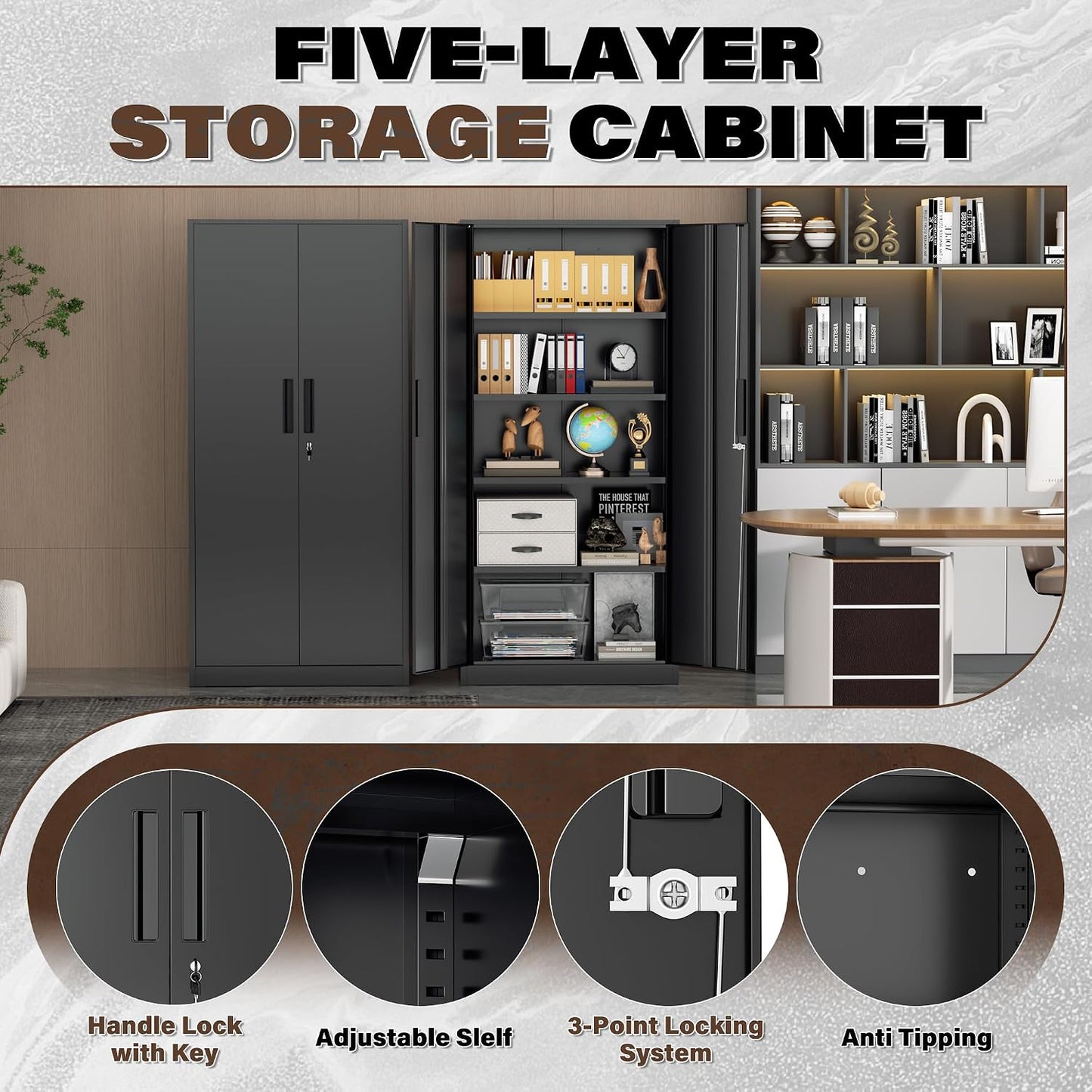 72” Metal Storage Cabinet, Garage Cabinets and Storage System with Doors and Shelves, Tall Lockable Tool Cabinet for Garage, Office, Home (Black)