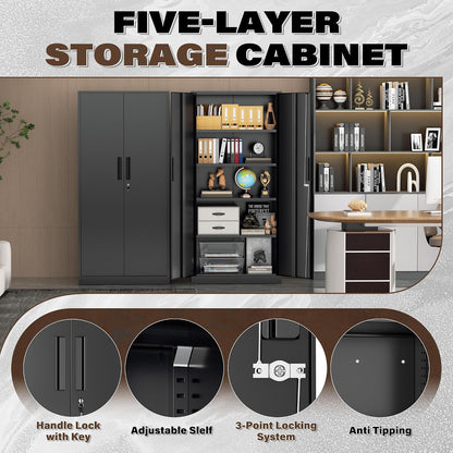 72” Metal Storage Cabinet, Garage Cabinets and Storage System with Doors and Shelves, Tall Lockable Tool Cabinet for Garage, Office, Home (Black)