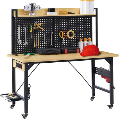 48" Adjustable Height Workbench with Pegboard, Work Benches for Garage, Heavy Duty Wood Top Work Bench with Wheels, 2000 LBS Load Capacity, Rolling Work Table with Outlet Storage Shelf Hooks