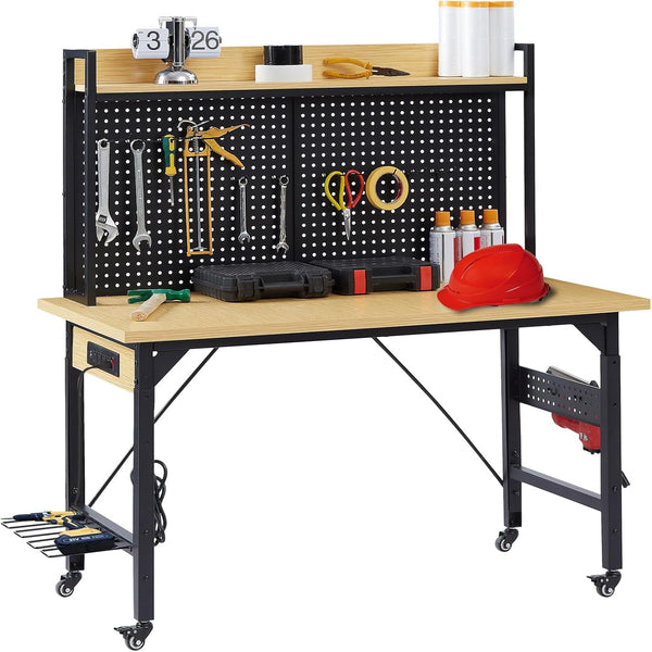 48" Adjustable Height Workbench with Pegboard, Work Benches for Garage, Heavy Duty Wood Top Work Bench with Wheels, 2000 LBS Load Capacity, Rolling Work Table with Outlet Storage Shelf Hooks