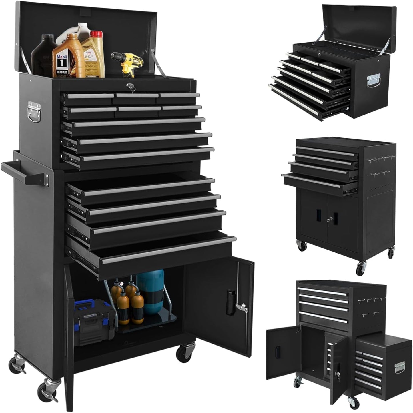 13-Drawer Rolling Tool Chest with Double Doors, 2 in 1 Detachable Rolling Tool Chest with Drawers, Mobile Tool Cabinet Combo, Metal Large Lockable Tool Box for Garage Workshop (Black)