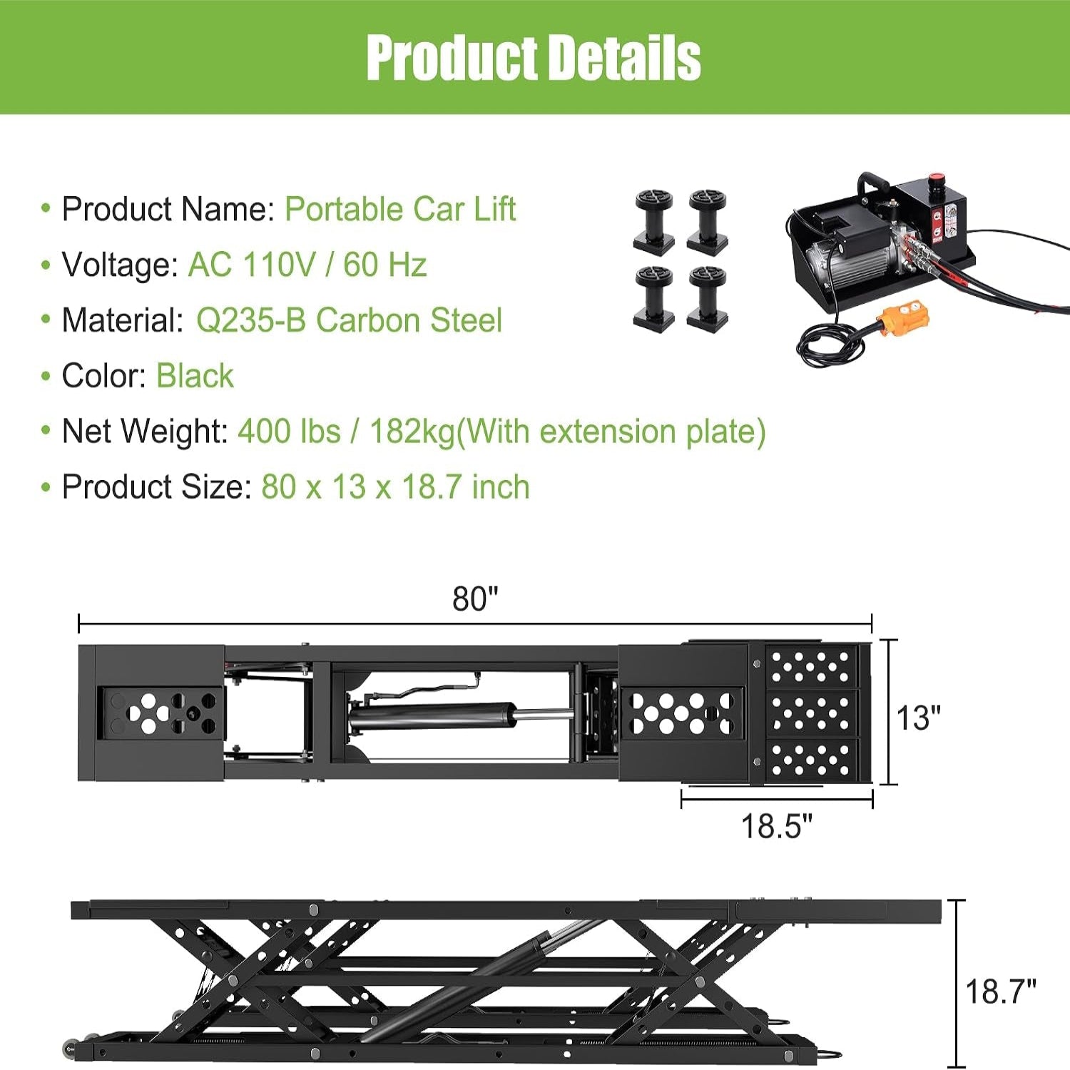 7000 LBS Portable Car Lift, Heavy Duty Quick Jack with 26.8" Max Height, Extended-Length Plates, 120V Power Unit, for Cars, Suvs, Light Trucks, Shop Use or Garage, Black — product view 2