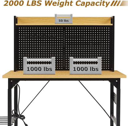 48" Adjustable Height Workbench with Pegboard, Work Benches for Garage, Heavy Duty Wood Top Work Bench with Wheels, 2000 LBS Load Capacity, Rolling Work Table with Outlet Storage Shelf Hooks