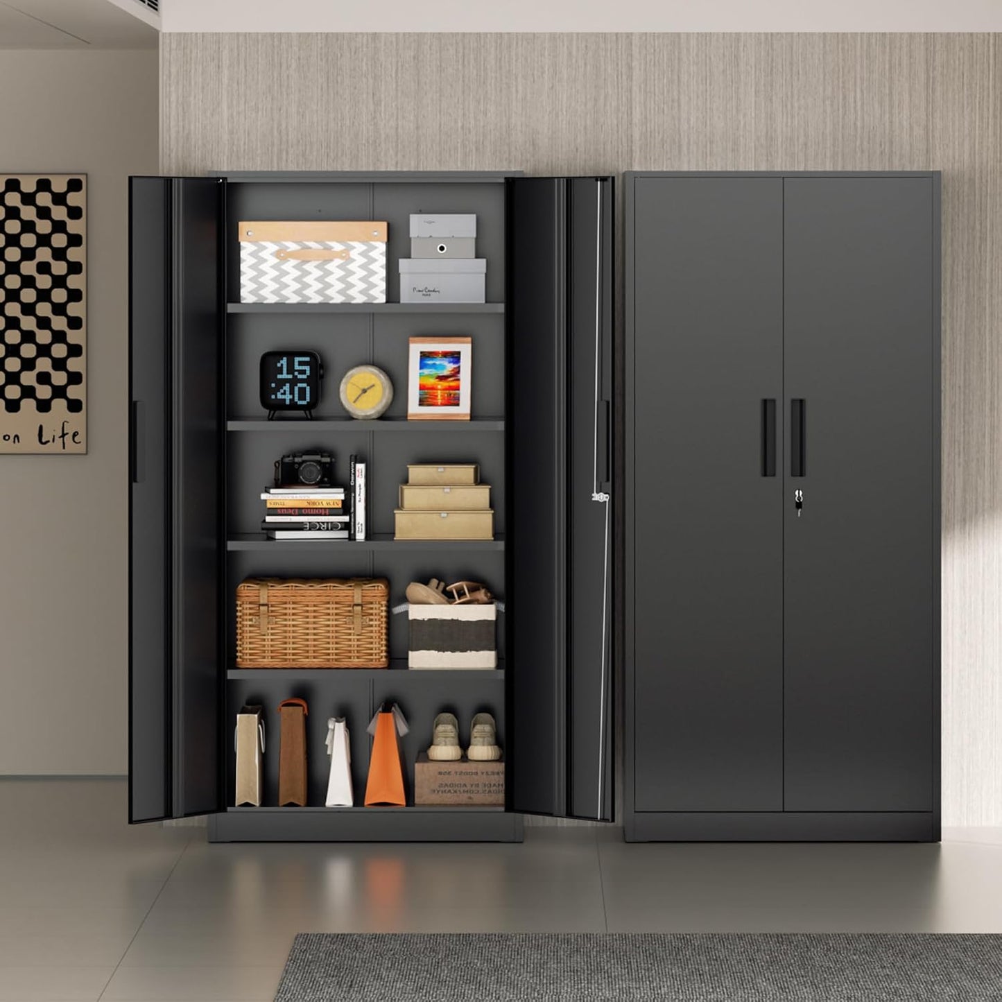 72” Metal Storage Cabinet, Garage Cabinets and Storage System with Doors and Shelves, Tall Lockable Tool Cabinet for Garage, Office, Home (Black)