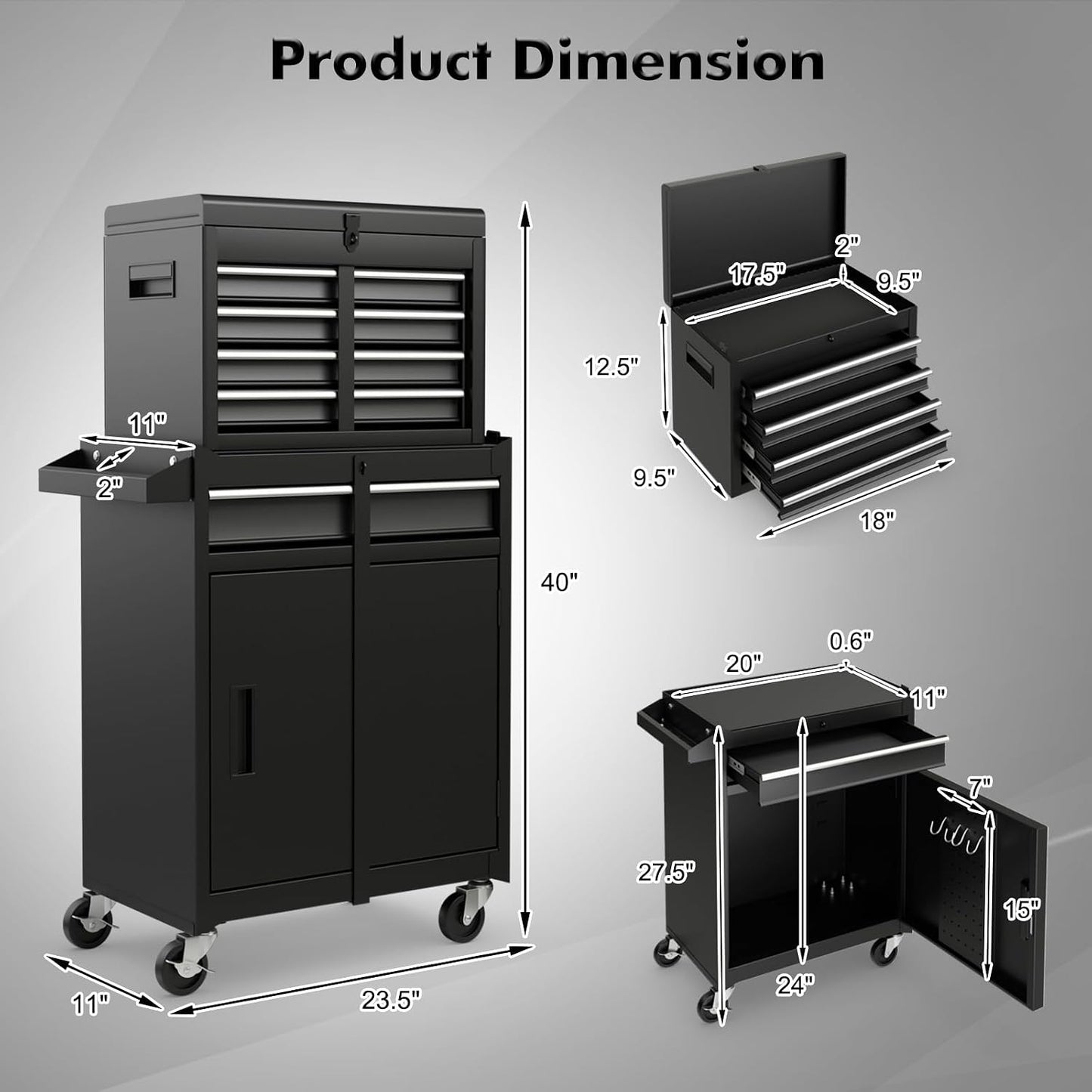 5-Drawer Rolling Tool Chest, Tool Storage Box, Removable Tool Cabinet, Sliding Metal Organizer W/Lockable Drawers (Classic Black)
