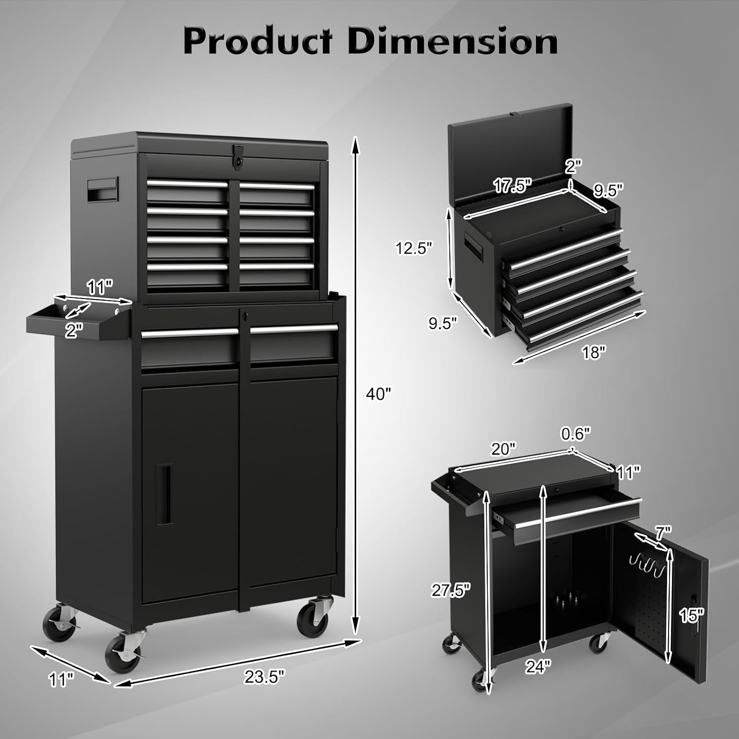 5-Drawer Rolling Tool Chest, Tool Storage Box, Removable Tool Cabinet, Sliding Metal Organizer W/Lockable Drawers (Classic Black)