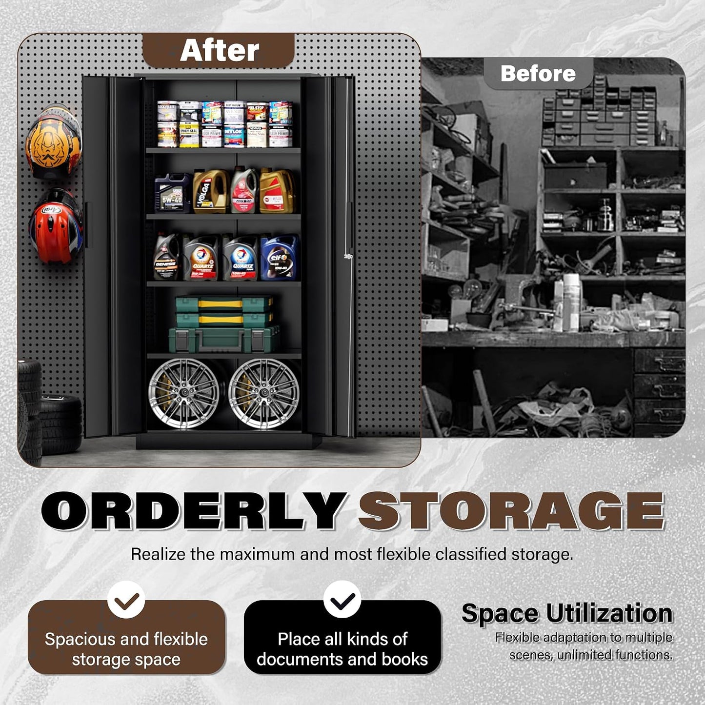72” Metal Storage Cabinet, Garage Cabinets and Storage System with Doors and Shelves, Tall Lockable Tool Cabinet for Garage, Office, Home (Black)