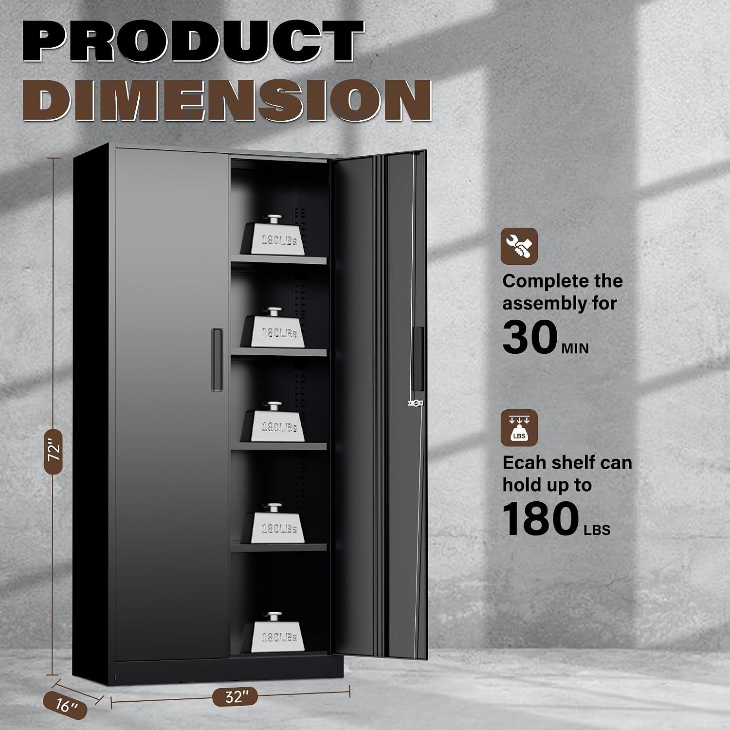 72” Metal Storage Cabinet, Garage Cabinets and Storage System with Doors and Shelves, Tall Lockable Tool Cabinet for Garage, Office, Home (Black)