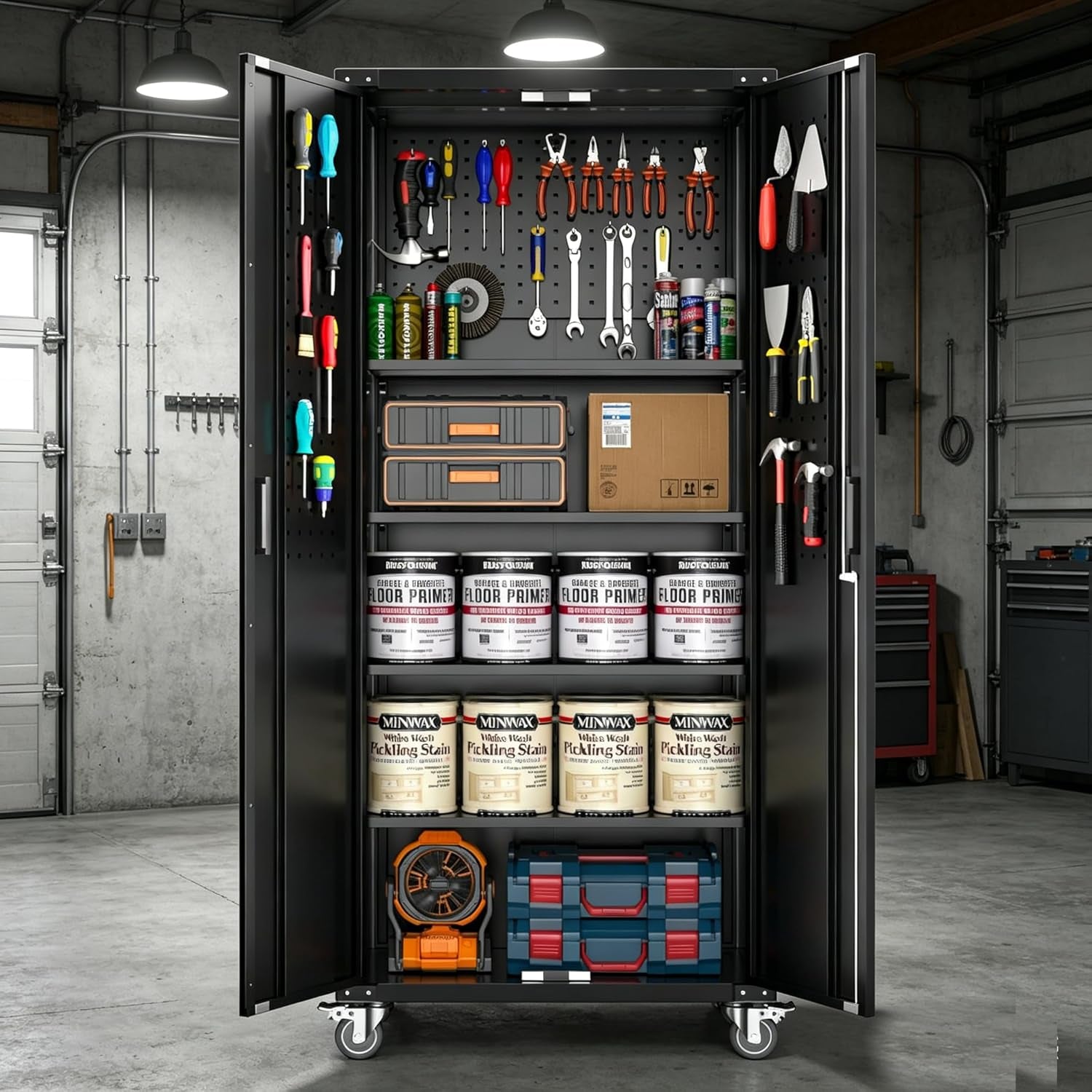 Metal Garage Storage Cabinet with Doors and Wheels, 72" High Lockable Storage Cabinet with 4 Adjustable Shelves and Pegboard, for Garage Workshop Home Office