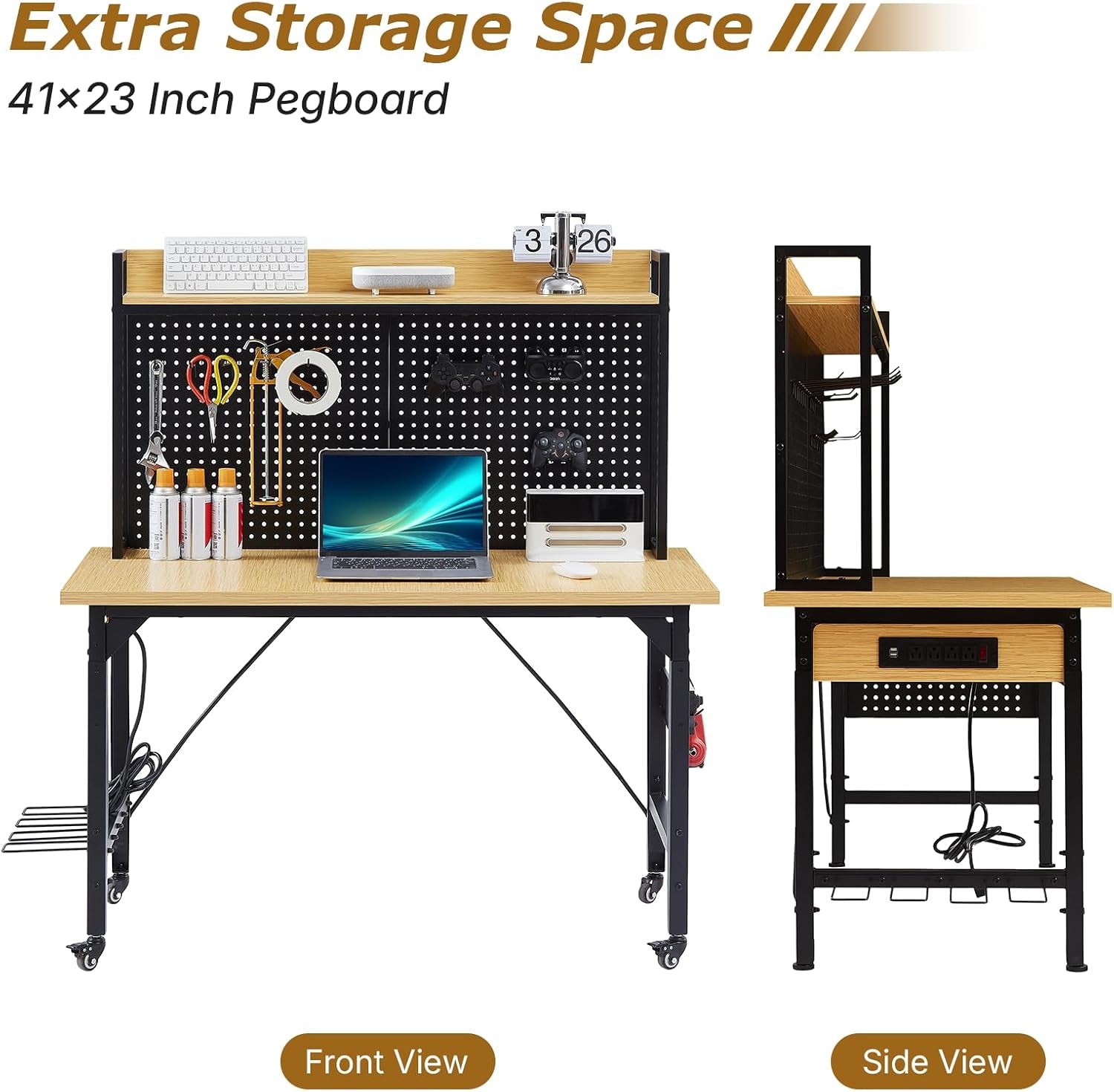 48" Adjustable Height Workbench with Pegboard, Work Benches for Garage, Heavy Duty Wood Top Work Bench with Wheels, 2000 LBS Load Capacity, Rolling Work Table with Outlet Storage Shelf Hooks