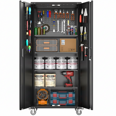 Metal Garage Storage Cabinet with Doors and Wheels, 72" High Lockable Storage Cabinet with 4 Adjustable Shelves and Pegboard, for Garage Workshop Home Office